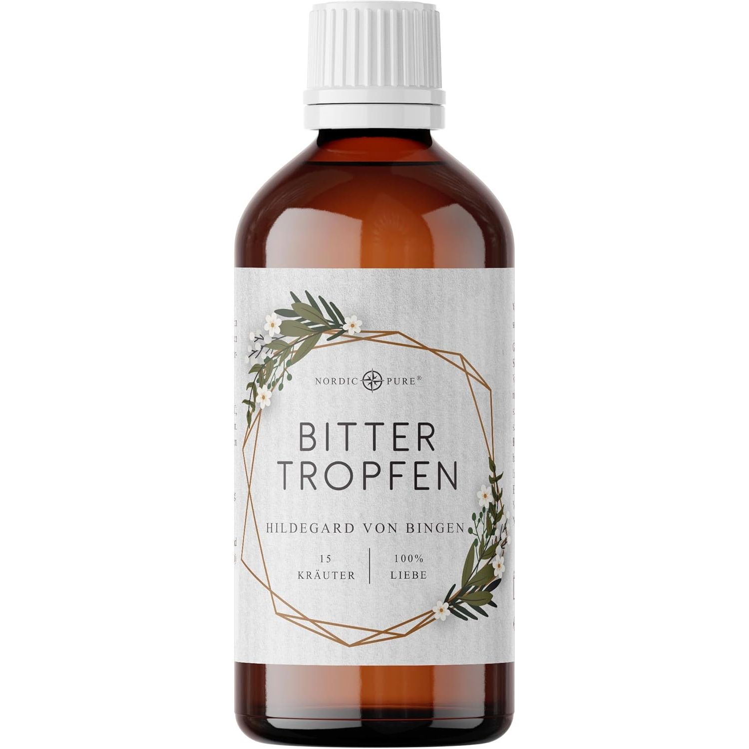 Braune Glasflasche mit weißem Deckel. Etikett mit Produktname, Logo und floralem Design. Schriftzug: Bitter Tropfen.