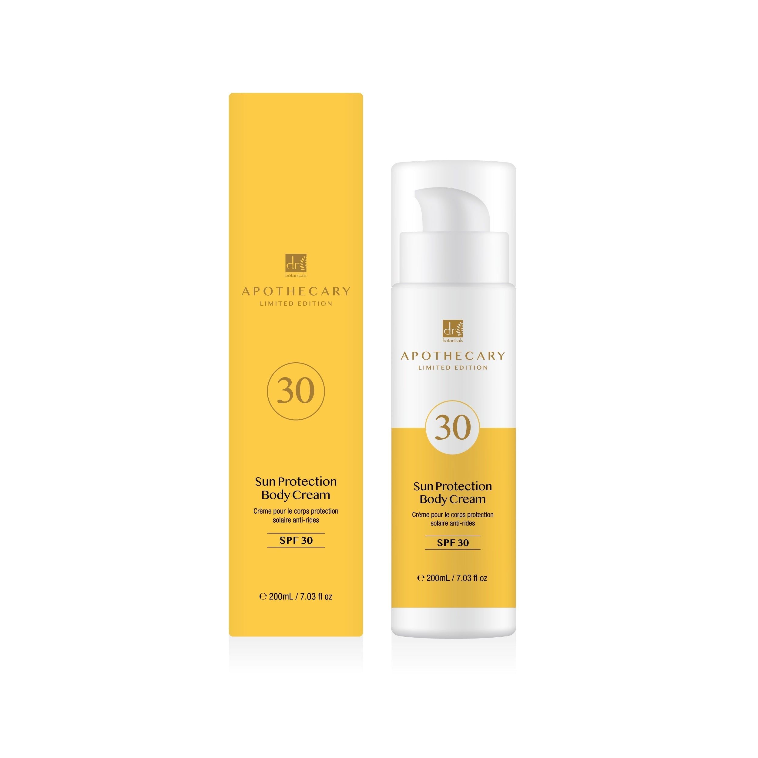 Produktverpackung mit Flasche und Schachtel. Aufschrift: Apothecary, SPF 30, Sun Protection Body Cream. Gelber Hintergrund.