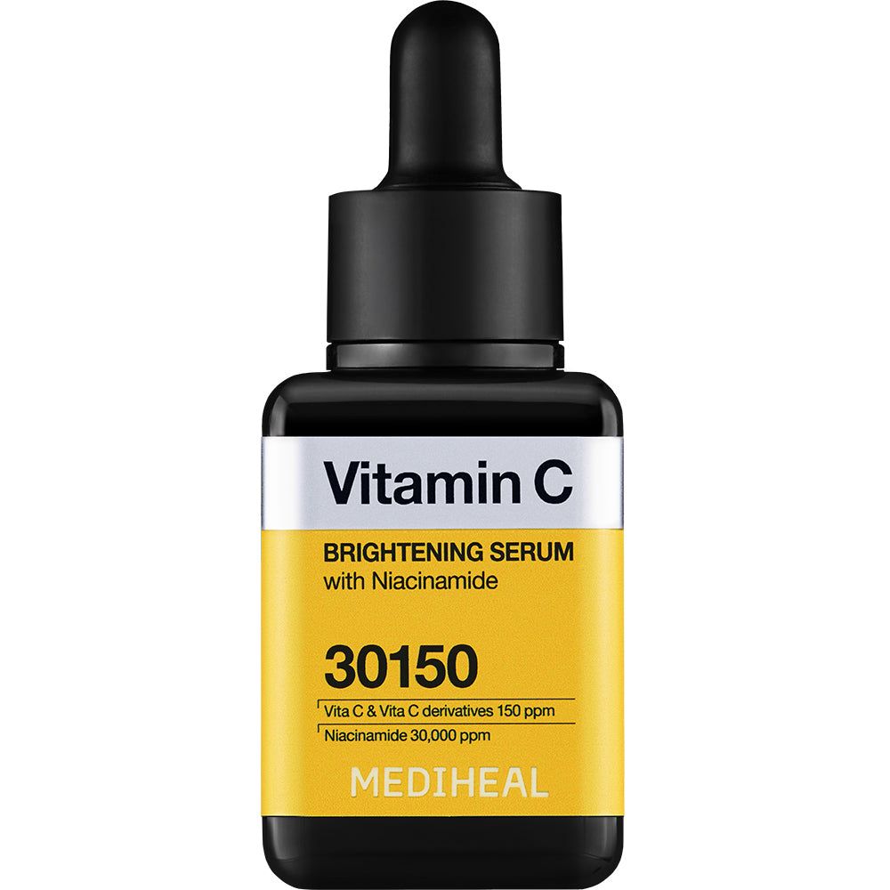 Serumflasche mit schwarzem Deckel. Gelbes Etikett mit Text: Vitamin C, 30150. MEDIHEAL Logo.