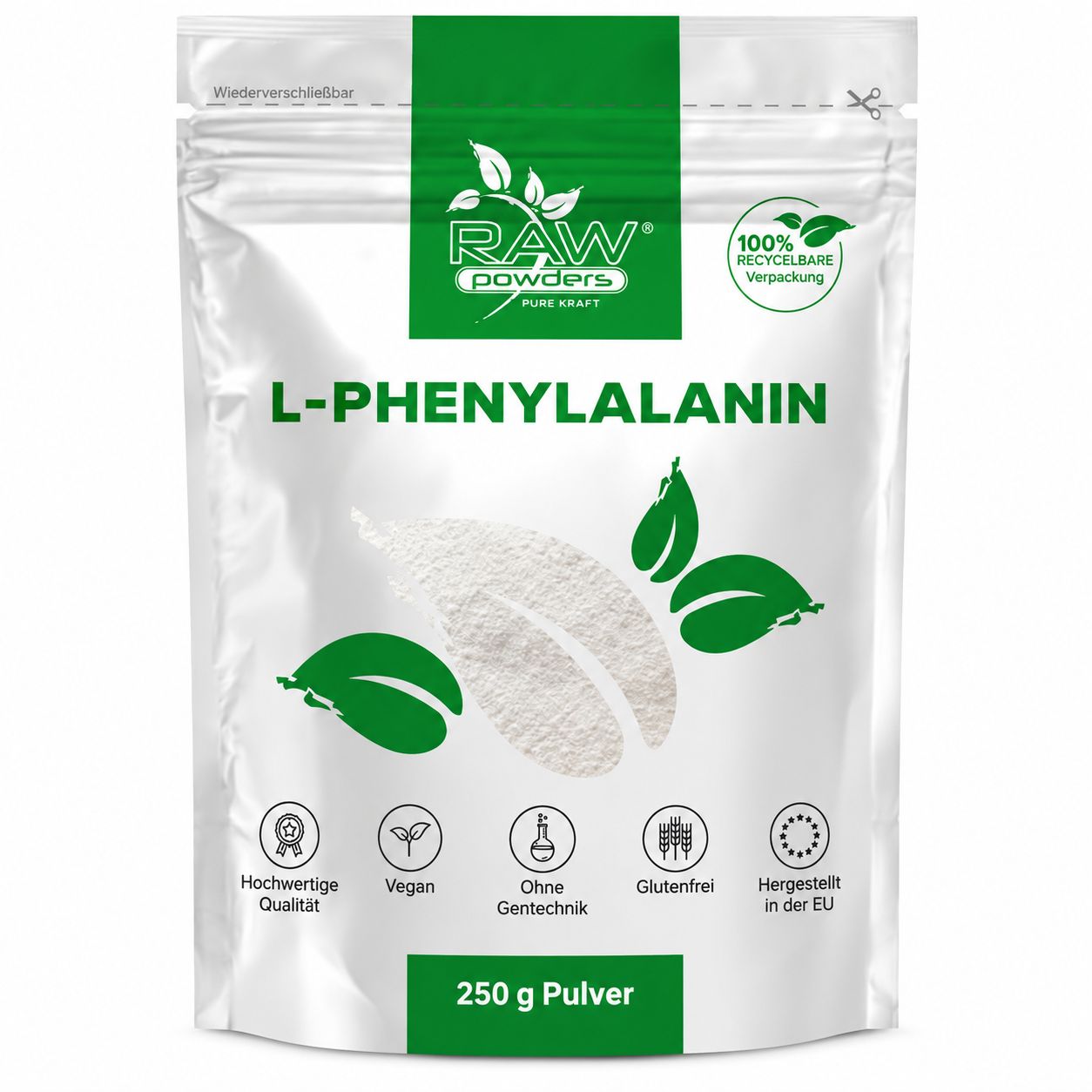 Packung L-Phenylalanin Pulver, 250 g. Hochwertige Qualität, Vegan, Ohne Gentechnik, Glutenfrei, Hergestellt in der EU.