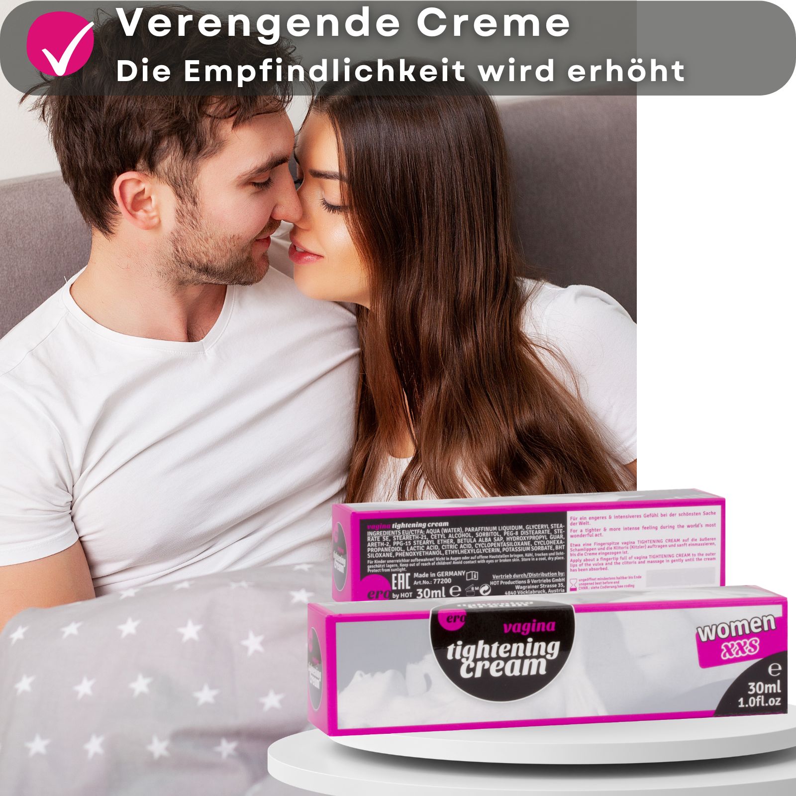 Produkt-Tube und Text. Schwarze Tube mit rosa Logo und Produktnamen. Text mit Vorteilen.