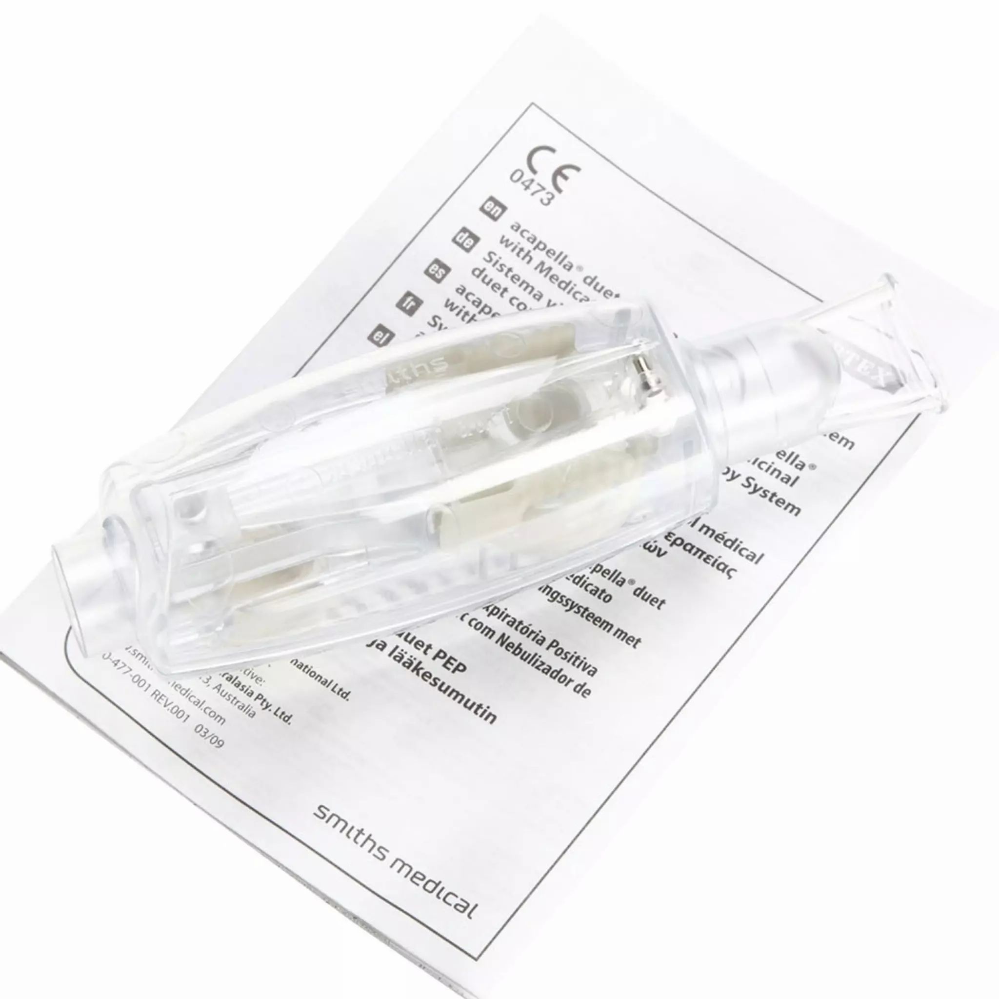 Acapella Duet Atemtherapiegerät in transparenter Verpackung mit Anleitung.