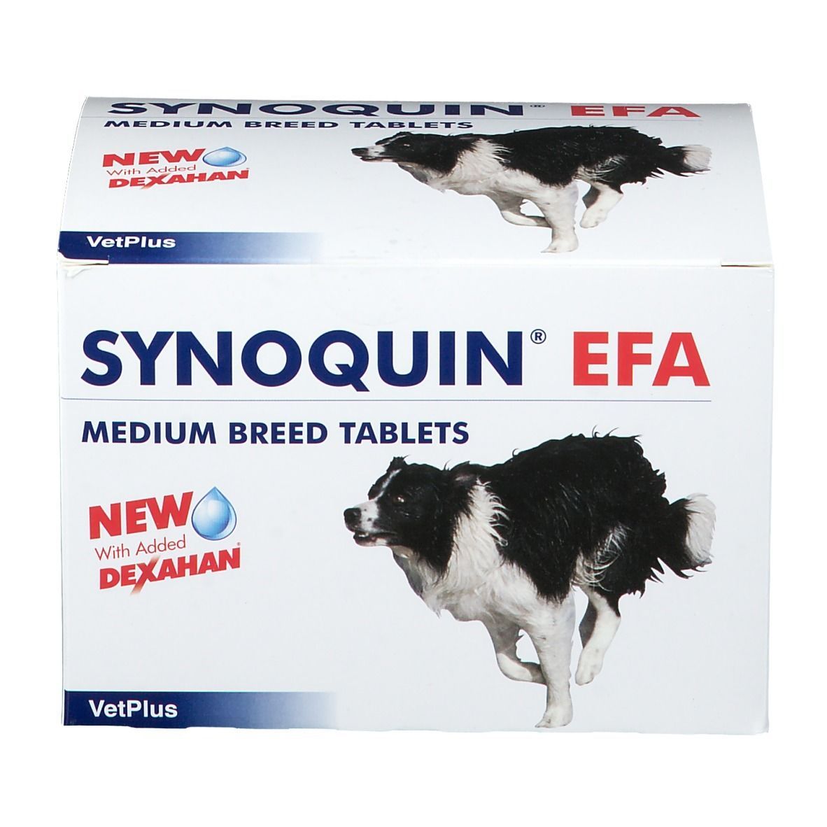 Weiße Verpackung mit Produktnamen und Hundebildern. Aufschrift: Synoquin EFA Medium Breed Tablets.