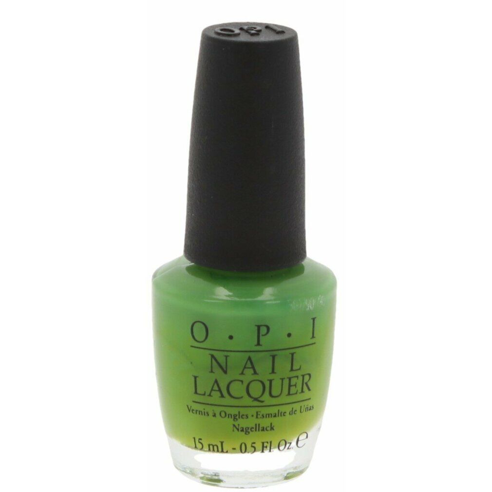 Grüner Nagellackflakon mit schwarzem Deckel. OPI-Logo und Produktbezeichnung. 15 ml.