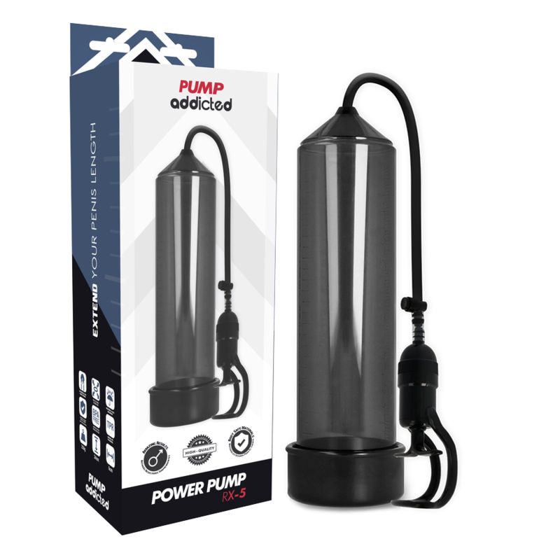 Schwarze Pumpe mit Zylinder, Schlauch und Griff. Aufschrift: Pump Addicted, Power Pump RX-5. Verpackung mit Logo und Text.