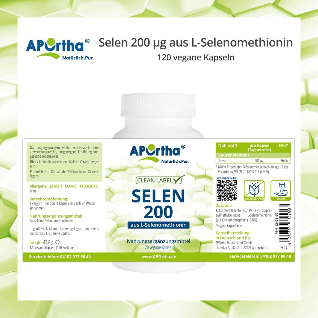 Weiße Flasche mit Selen 200 Kapseln, Etikett mit Nährwertangaben und QR-Code. Enthält Informationen zu Inhaltsstoffen und Dosierung.