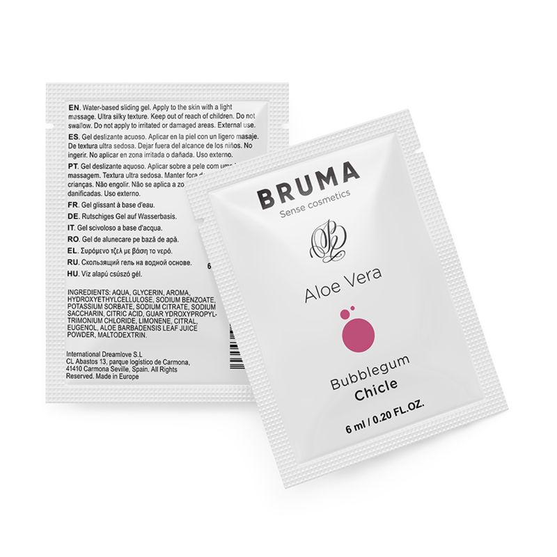 Zwei Beutel mit Produktinformationen. Aufdruck: BRUMA, Aloe Vera, Bubblegum Chicle, 6 ml.
