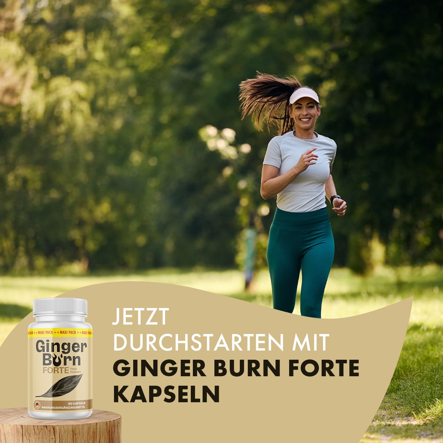 Frau joggt im Park. Flasche "Ginger Burn Forte" auf Holzsockel. Text: Durchstarten mit Kapseln.