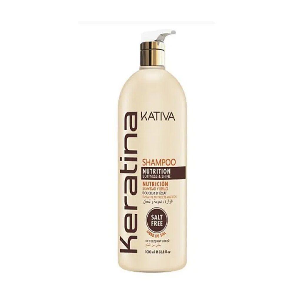 Beige Shampoo-Flasche mit Pumpe. Aufschrift: Kativa Keratina Shampoo, Nutrition, Softness & Shine. Salzfrei.