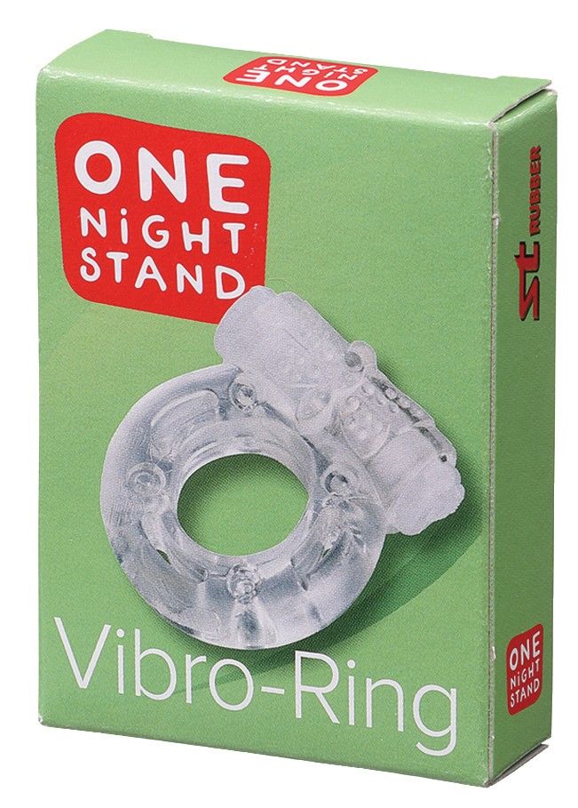 Verpackung mit Vibrationsring. Aufschrift "ONE NIGHT STAND" auf rotem Feld. Ring aus transparentem Material, auf grüner Schachtel.