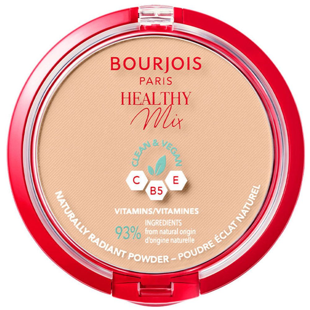 Runder, roter Behälter mit hellbraunem Puder. Aufschrift: Bourjois Healthy Mix, Vitamine, 93% Inhaltsstoffe natürlichen Ursprungs.