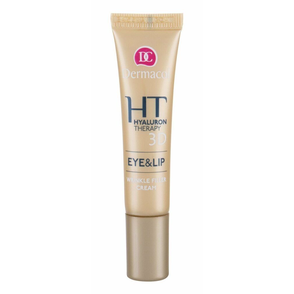 Creme-Tube. Dermacol HT Hyaluron Therapy 3D Eye & Lip Wrinkle Filler Cream. Goldfarbenes Tube mit Schriftzug.