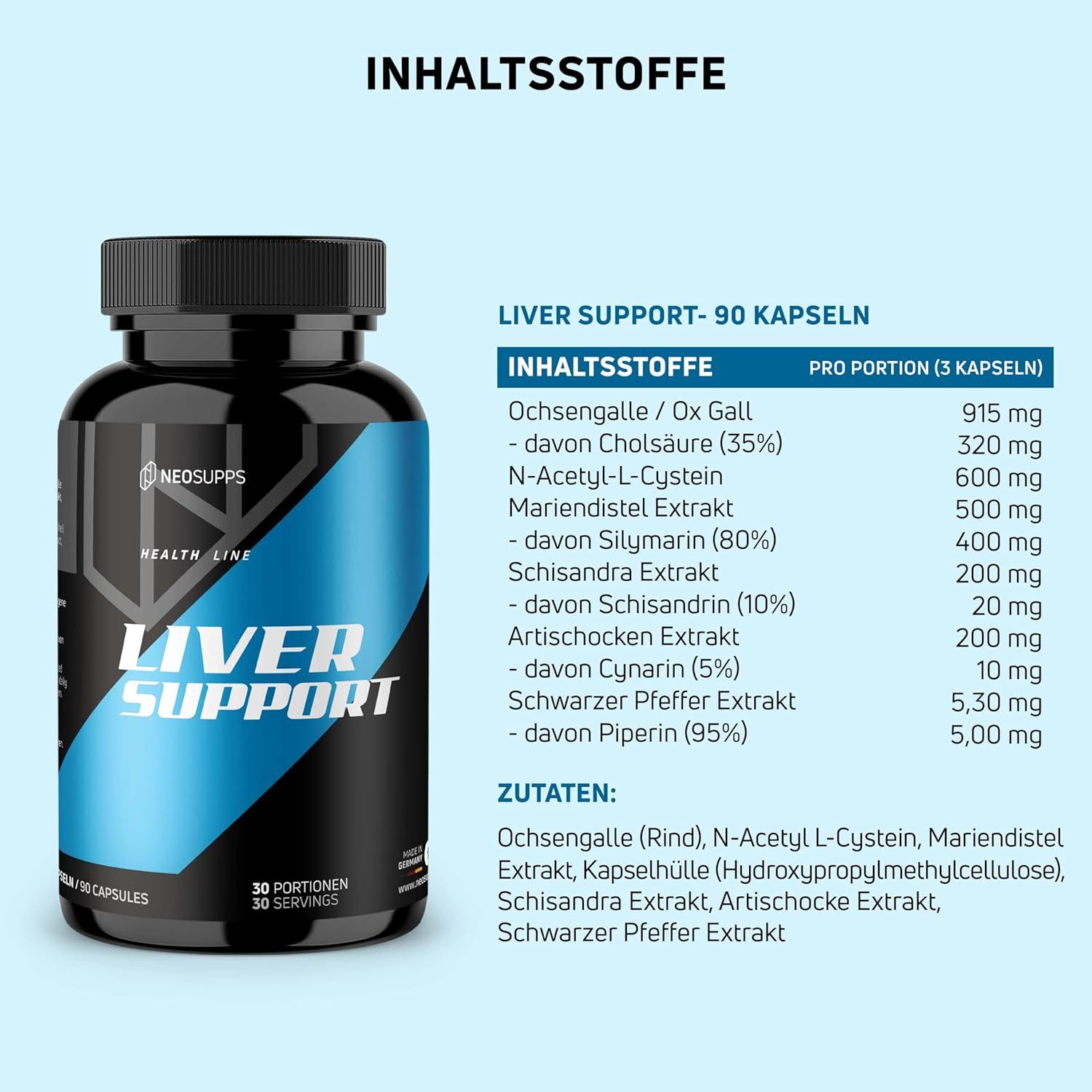 Schwarze Flasche "LIVER SUPPORT" mit blauer Beschriftung. Text: "90 Kapseln". Inhaltsstoffe und Nährwertangaben auf weißem Hintergrund.