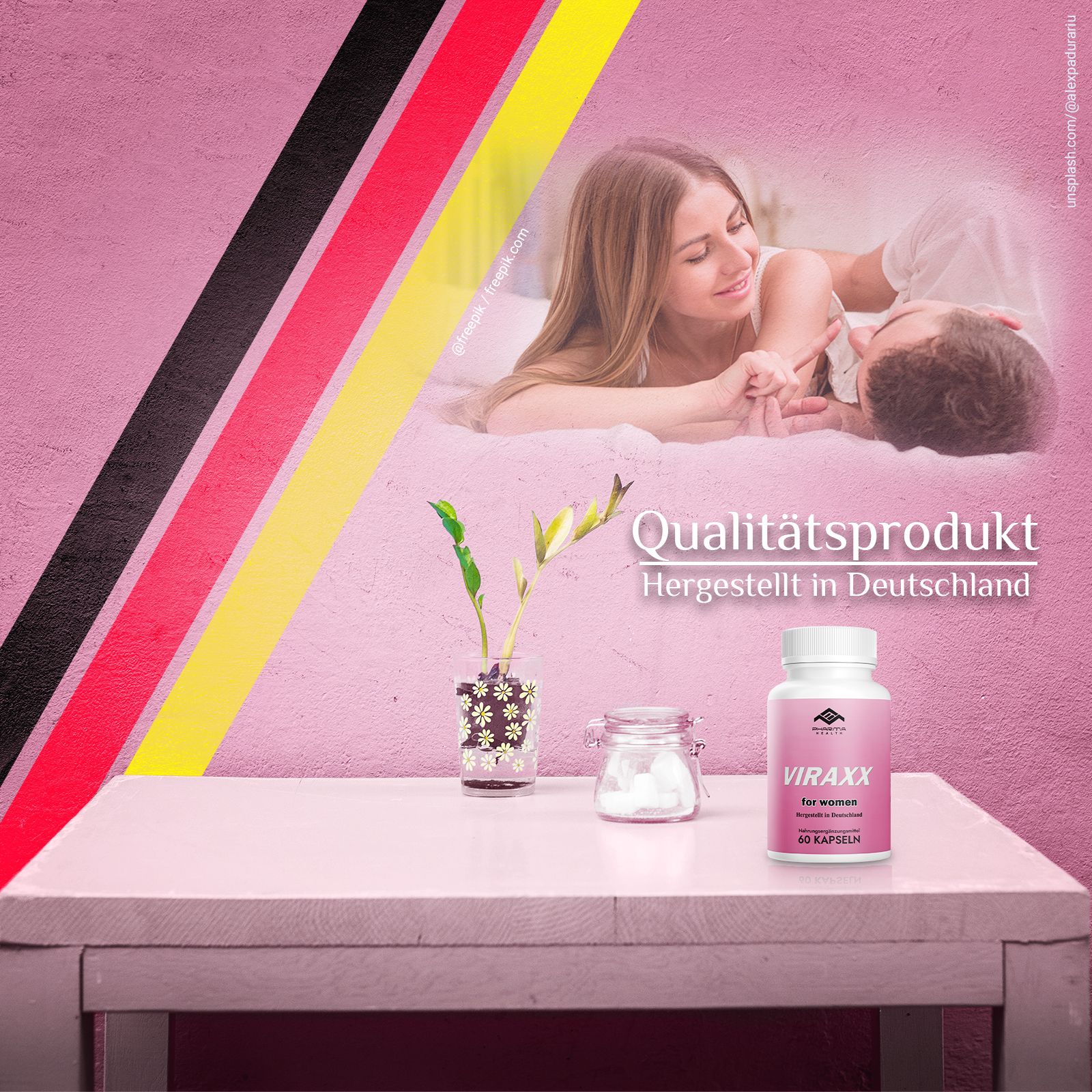 Rosa Flasche mit weißem Deckel. Aufschrift: VIRAX for women, 60 Kapseln. Auf Tisch, Hintergrund: Paar, deutsche Flagge.