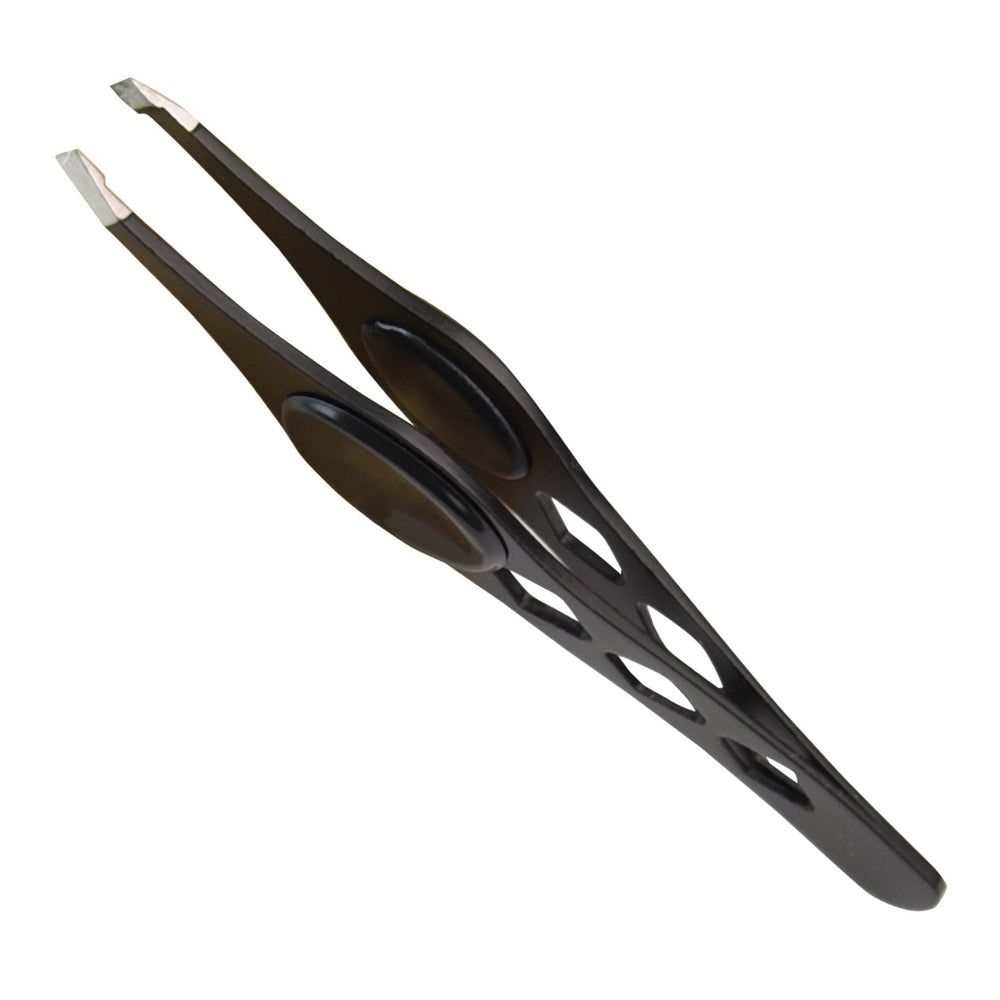 Schwarze Pinzette mit silbernen Spitzen. Die Griffe haben ovale Aussparungen. Die Pinzette ist auf weißem Hintergrund abgebildet.