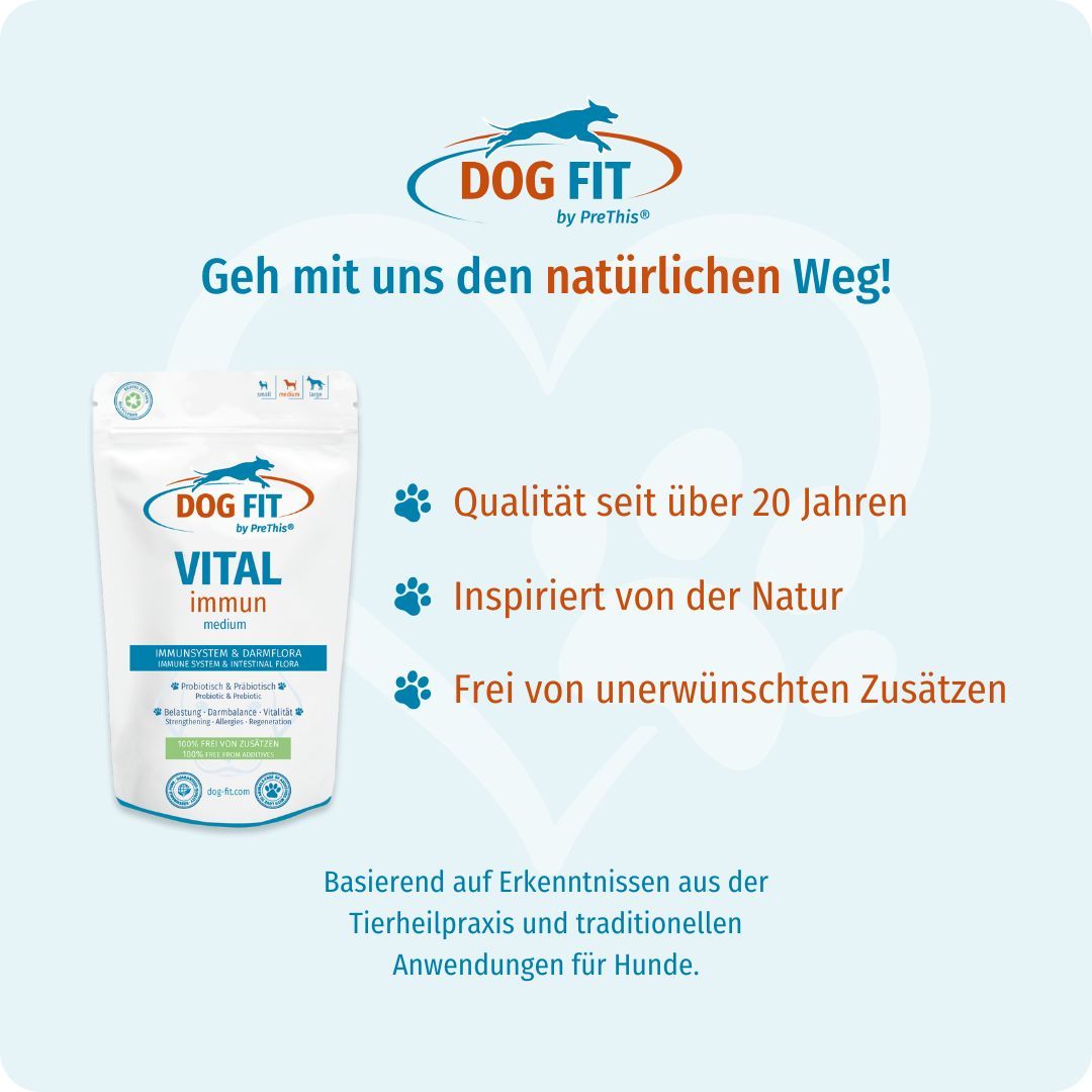 Produkt DOG FIT VITAL immun in Verpackung. Text: Qualität, inspiriert von der Natur, ohne Zusätze.