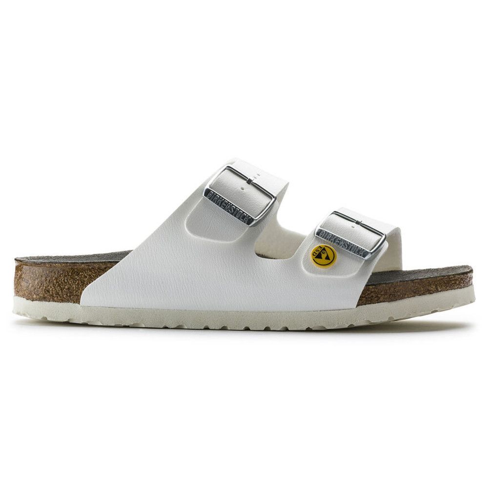 Weiße Sandale mit zwei Riemen und Schnallen. Korkfußbett, ESD-Symbol. Marke Birkenstock.
