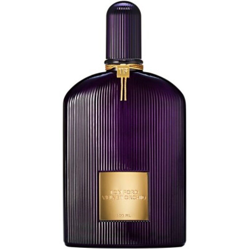 Violette Flasche mit geriffelter Oberfläche, goldfarbenem Etikett und Verschluss. Text: Tom Ford Velvet Orchid.