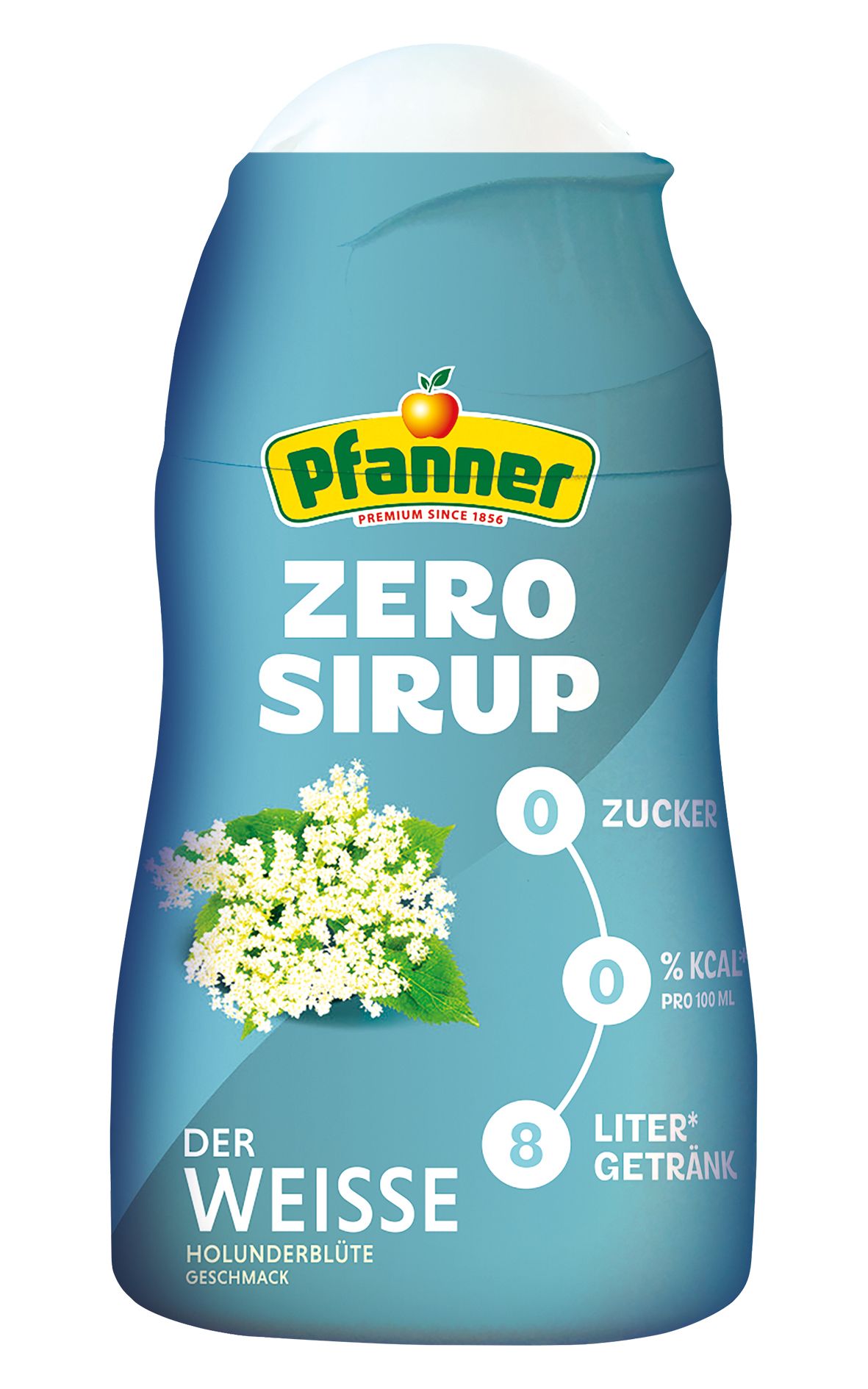 Pfanner Zero Sirup Flasche mit Holunderblüten-Motiv. 0 Zucker, 0% kcal pro 100ml. Ergibt 8 Liter Getränk.