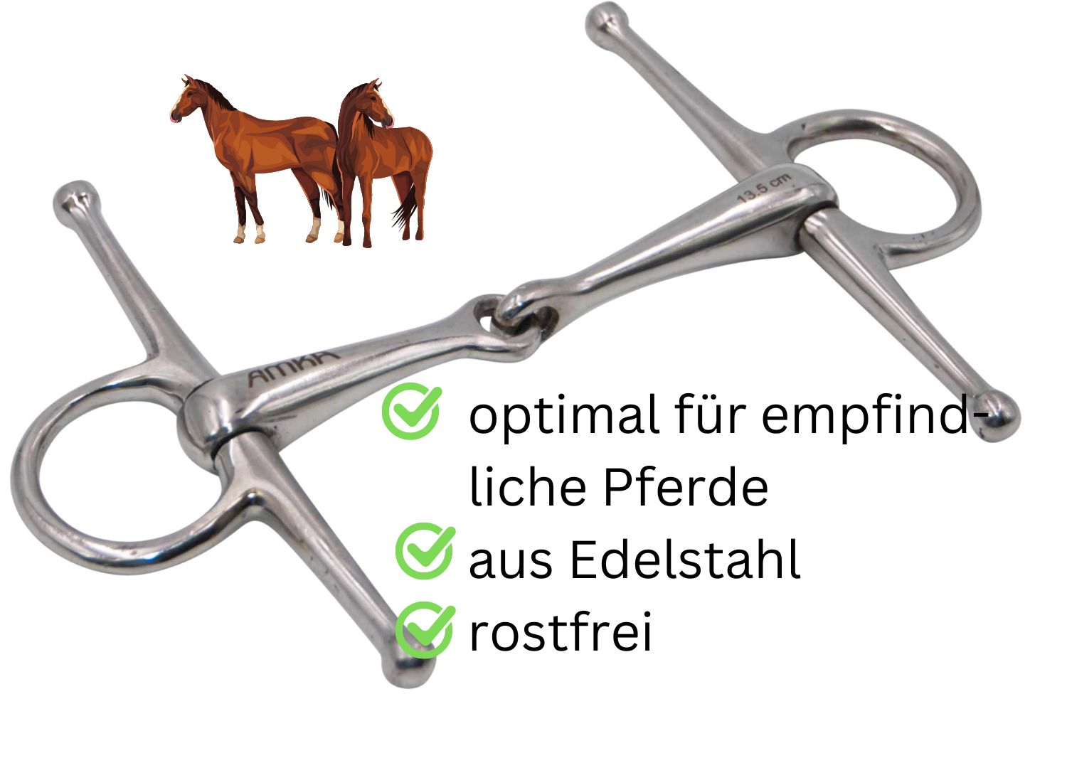 Schenkeltrense aus Edelstahl mit AMKA-Logo. Optimal für empfindliche Pferde. Rostfrei.