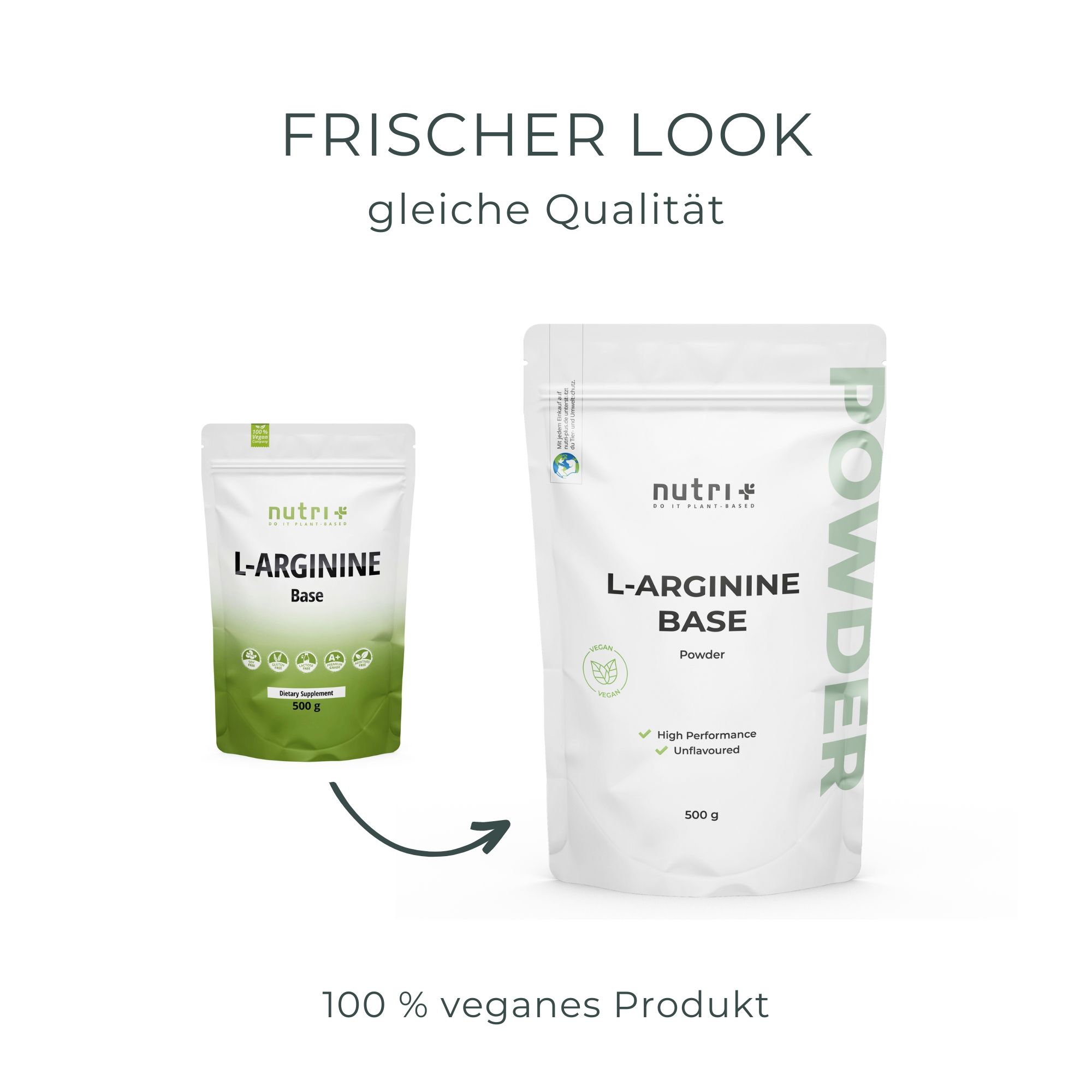 Zwei Beutel L-Arginin Base Pulver. Einmal klein, einmal groß. 100% veganes Produkt.
