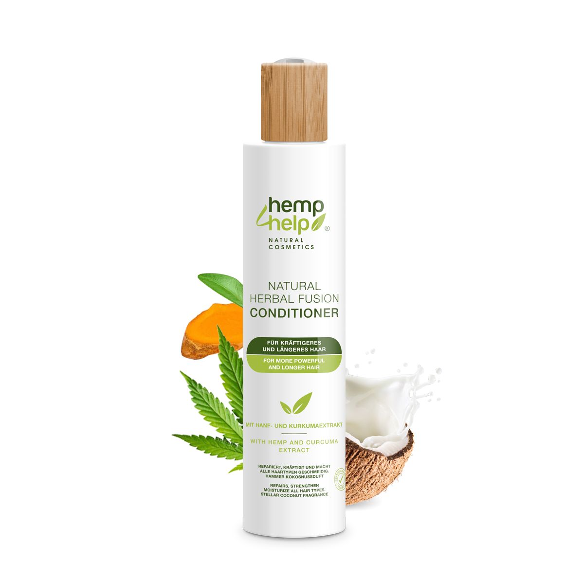 Flasche Conditioner, weiß, mit Holzdeckel. Text: Natural Herbal Fusion Conditioner.
