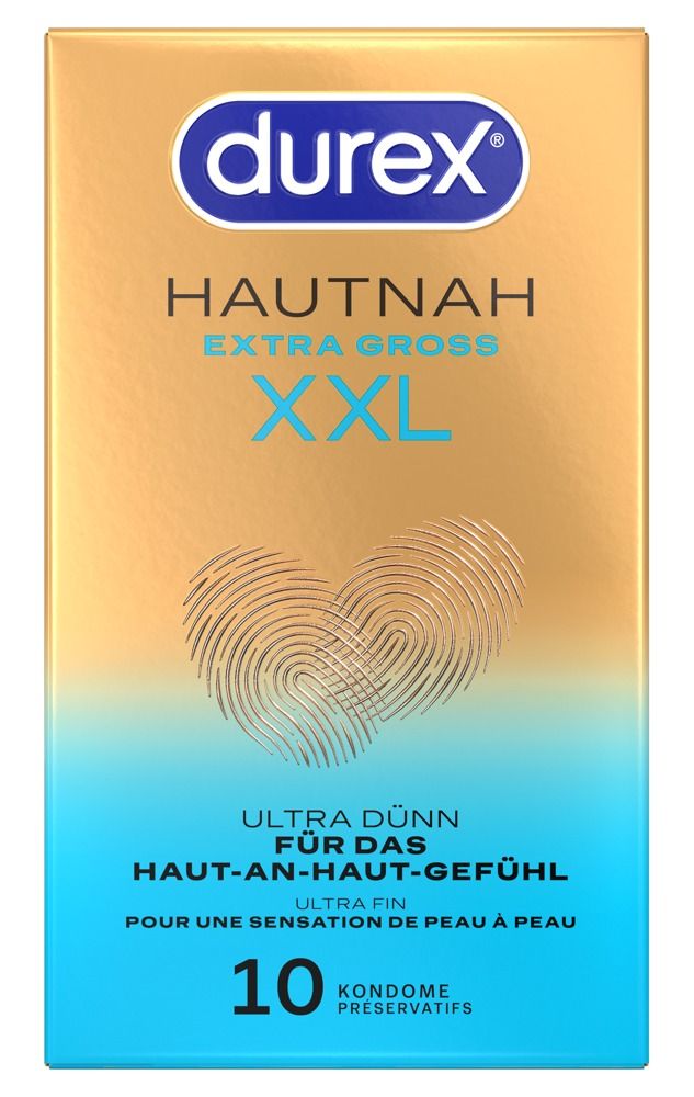 Vorderseite der Durex Hautnah XXL Kondompackung, 10 Stück, mit Fingerabdruck-Design.