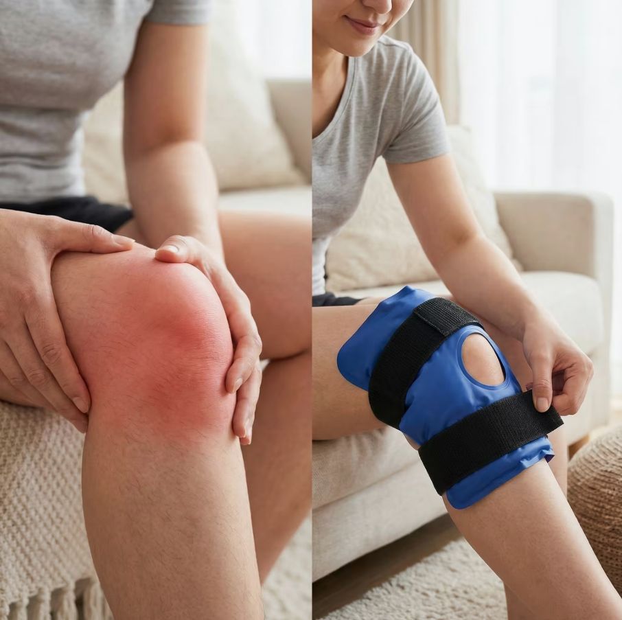 Person hält Kniegelpack am Bein. Knie gerötet. Blaues Kniegelpack mit schwarzen Gurten.