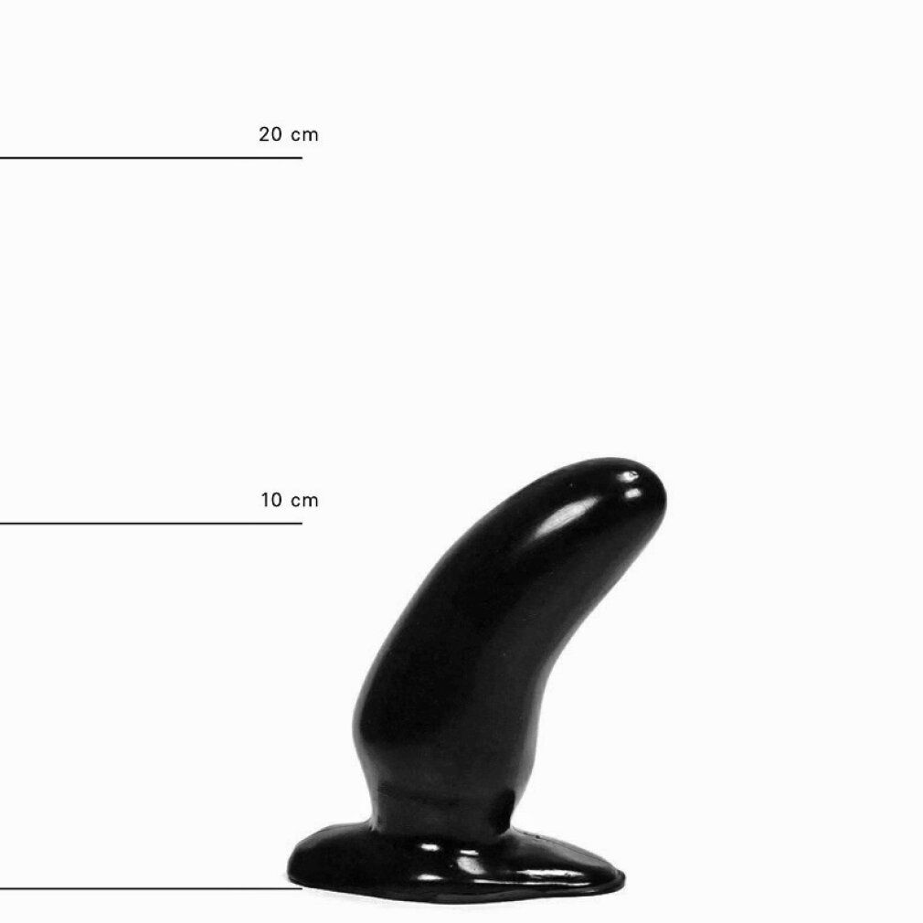 Schwarzer Dildo mit gebogener Form und breiter Basis. Längenangaben: 10 cm und 20 cm.