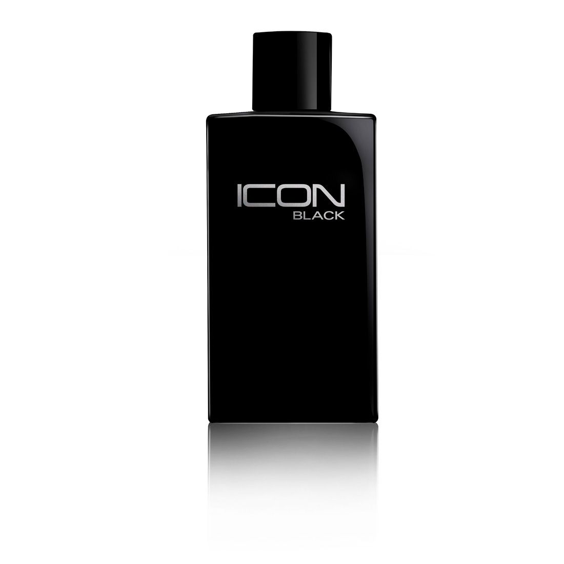 Schwarzer Flakon mit "ICON BLACK"-Logo. Rechteckige Form, schwarzer Verschluss.