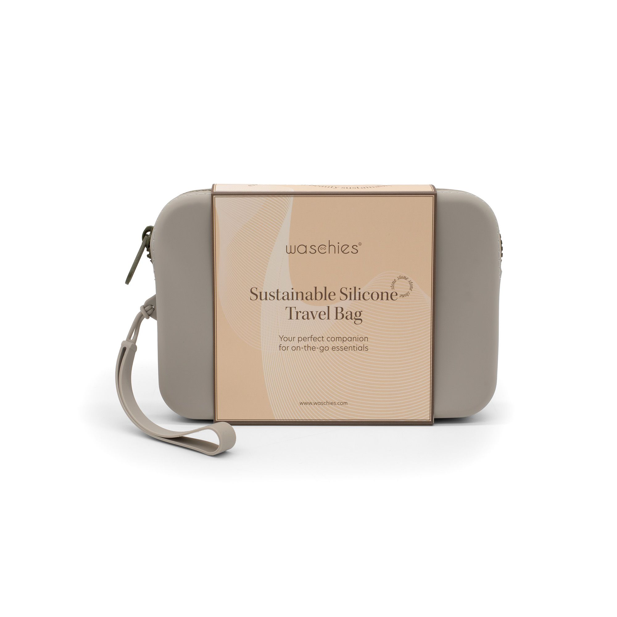 Beige waschies Travel Bag mit Verpackung. Aufschrift: Sustainable Silicone Travel Bag.