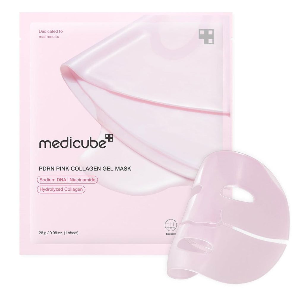 Rosa Gelmaske und Verpackung. Aufschrift: Medicube, PDRN Pink Collagen Gel Mask. Enthält Sodium DNA, Niacinamid, Hydrolyzed Collagen.