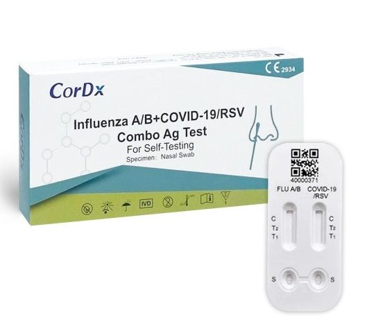 Schachtel und Testkassette. Auf der Schachtel steht "CorDx Influenza A/B+COVID-19/RSV Combo Ag Test". Die Kassette hat zwei Testbereiche.