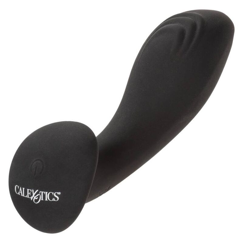Schwarzes Analspielzeug mit abgerundeter Basis. Marke Calexotics. Text: Calexotics, Power-Taste.