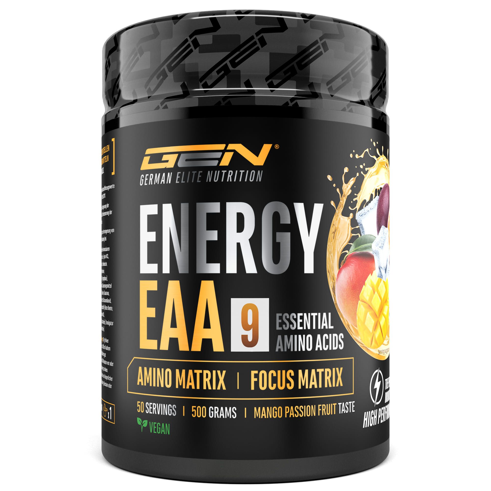 Schwarze Dose mit Aufschrift "GEN Energy EAA 9". Enthält Aminosäuren und hat Mango-Maracuja-Geschmack. Vegan.