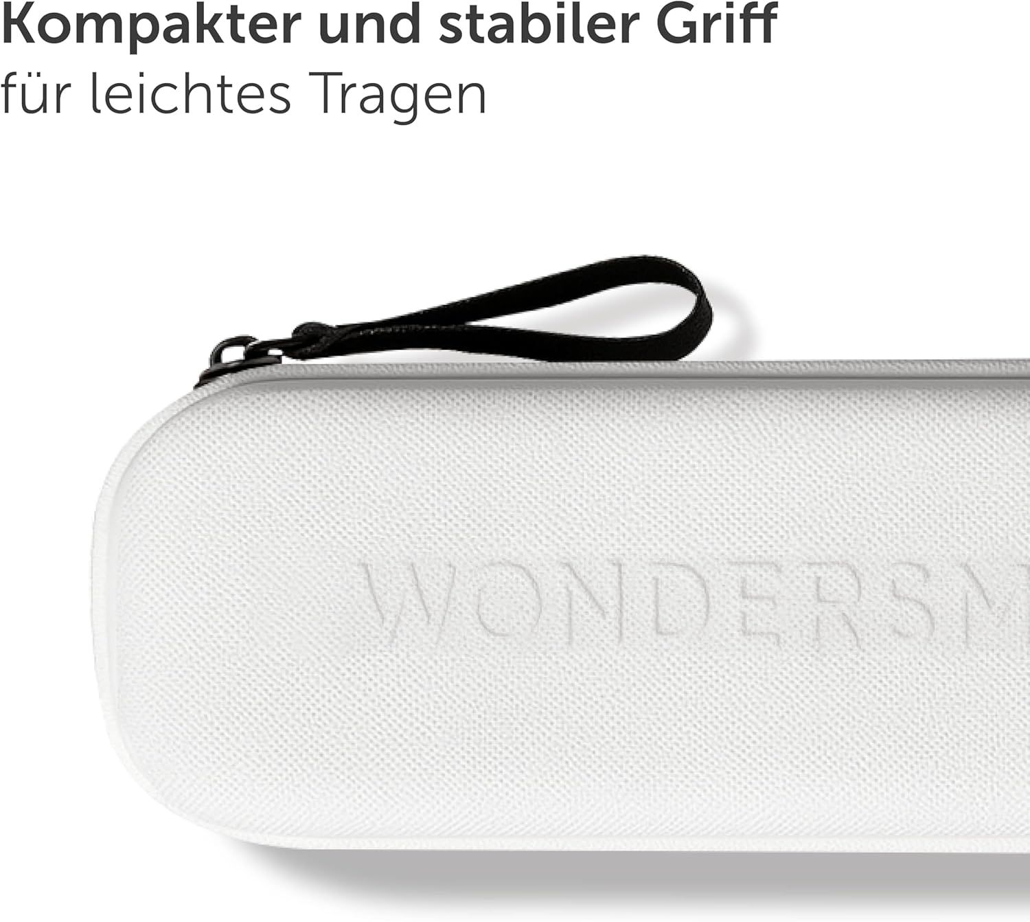 Nahaufnahme eines weißen, länglichen Reiseetuis mit geprägtem Schriftzug: Wondersmile. Schwarzer Reißverschluss und Griff.