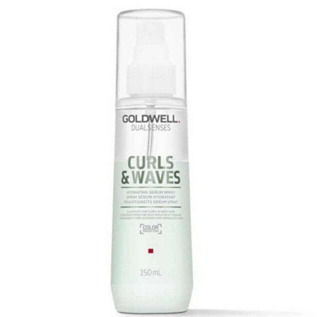 Sprühflasche mit weißem Deckel. Aufschrift: GOLDWELL DUALSENSES, CURLS & WAVES. Grünliche Flüssigkeit sichtbar. 150ml.