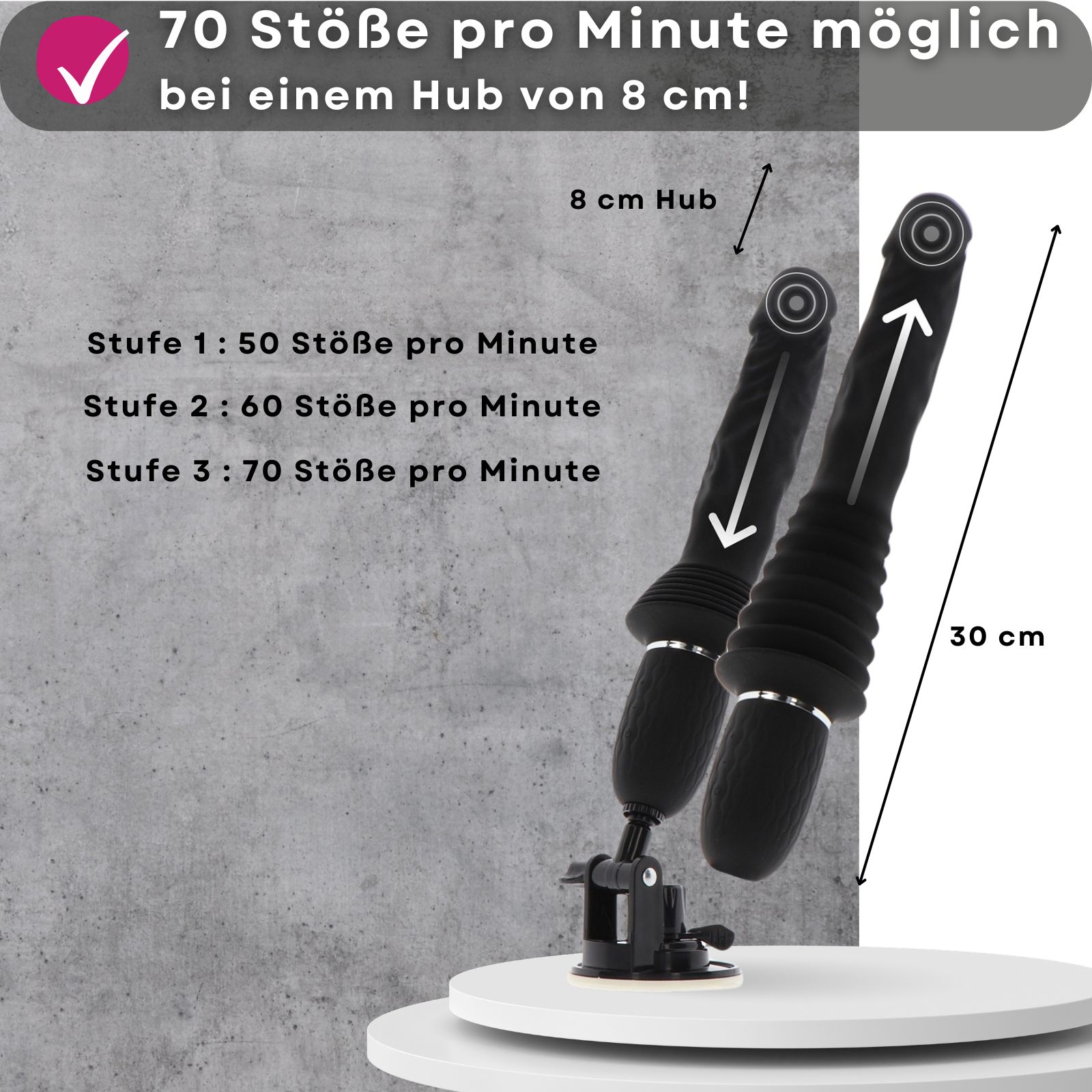Vibrator mit 70 Stößen/Minute bei 8 cm Hub. 3 Geschwindigkeiten. Auf weißem Podest.