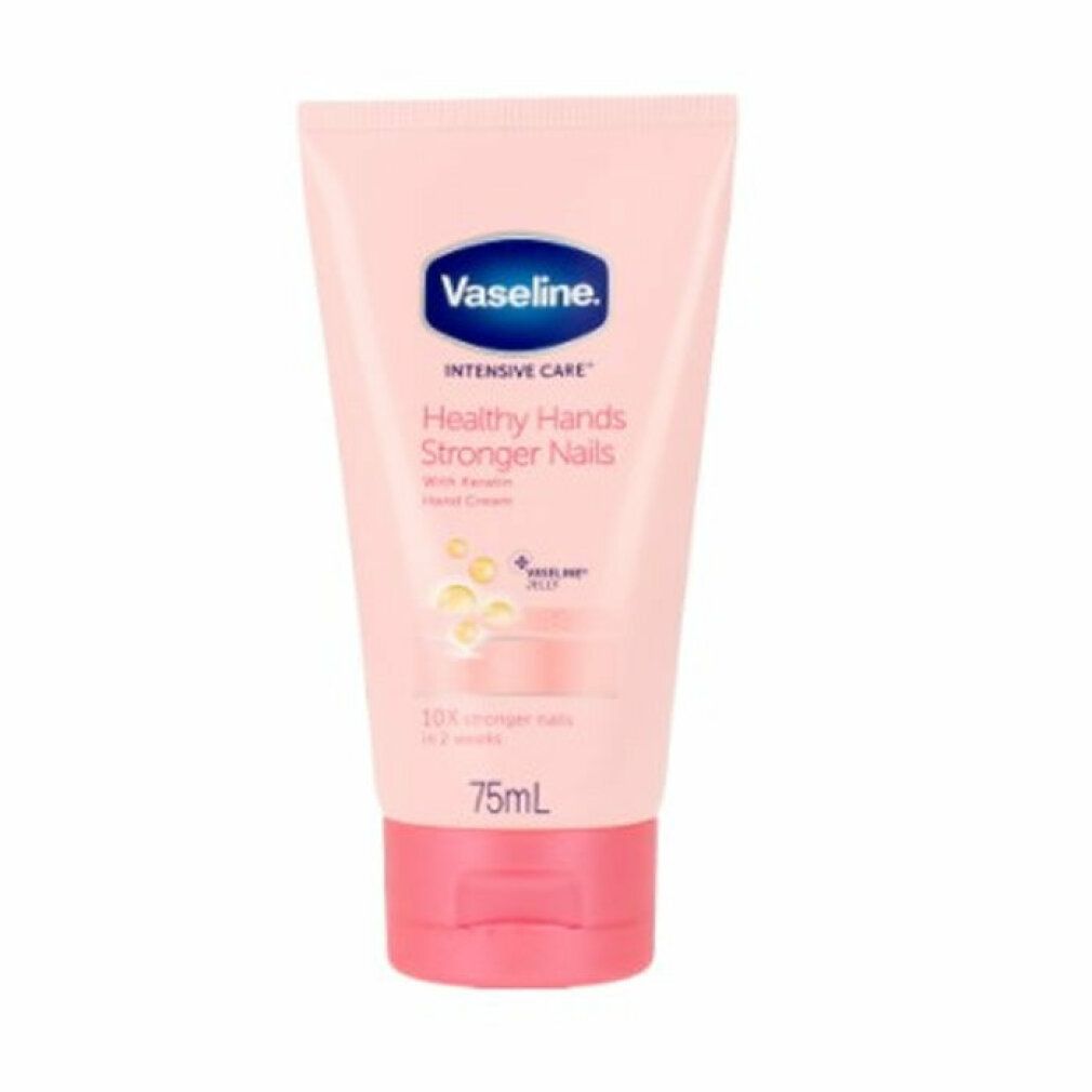Rosa Tube mit Vaseline-Logo. Aufschrift: healthy hands stronger nails. Enthält Vaseline. Volumen: 75ml. Pinker Deckel.