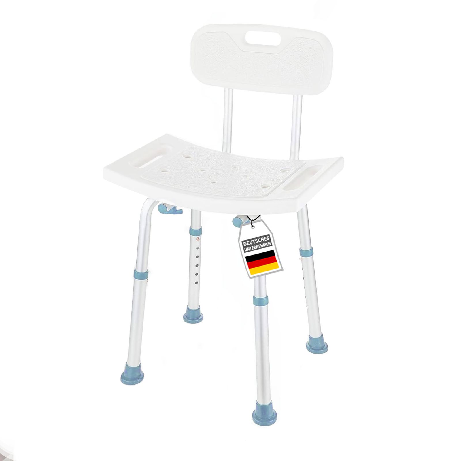 Duschstuhl mit Rückenlehne, weiß. Höhenverstellbare Beine, blaue Gummifüße. Deutsches Qualitätssiegel.