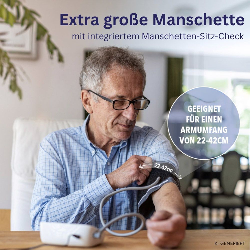 Mann mit extra großer Manschette (22-42cm) für Blutdruckmessgerät, mit Manschetten-Sitz-Check.