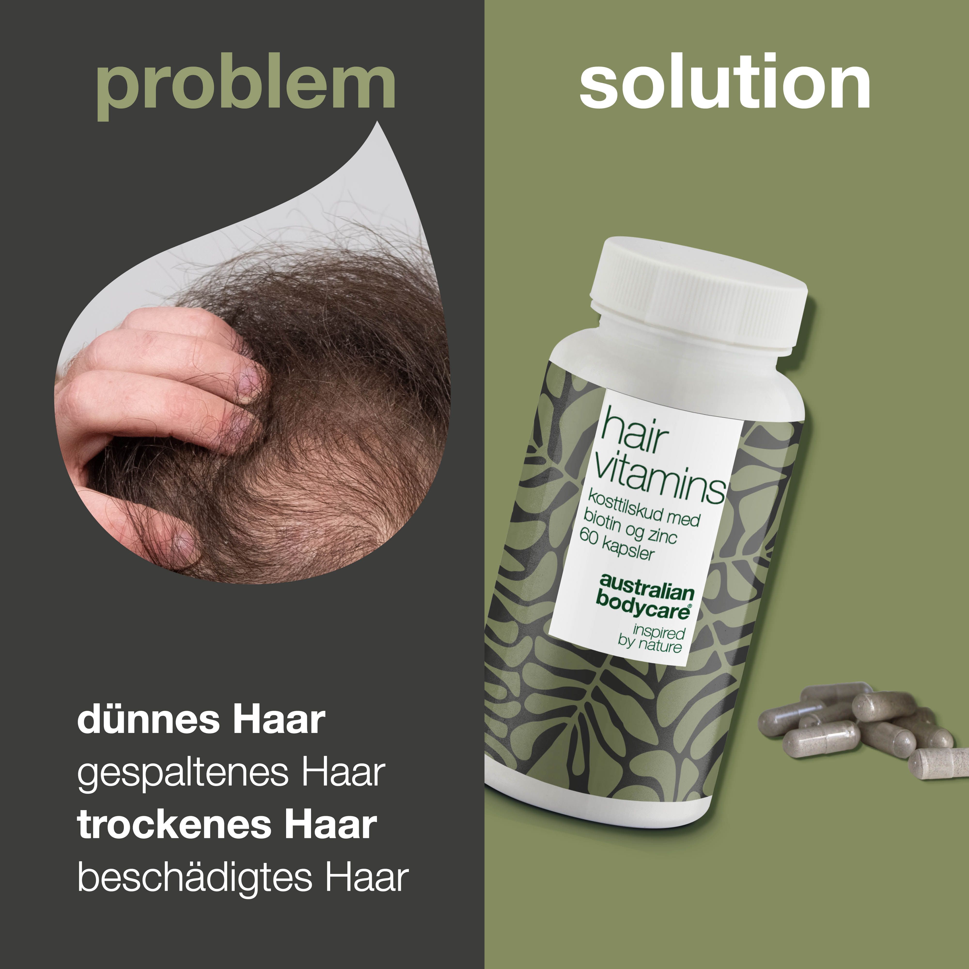 Produkt mit Text. Aufschrift: Hair Vitamins. Australian Bodycare. Grüner Hintergrund.