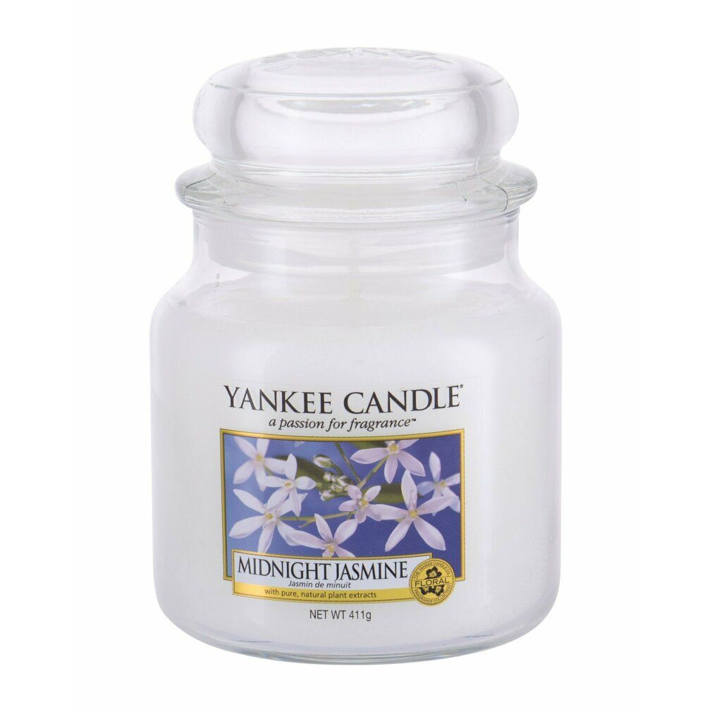 Yankee Candle Midnight Jasmine Duftkerze. Glasbehälter mit Deckel. Etikett mit Blumenmotiv und Produktnamen.
