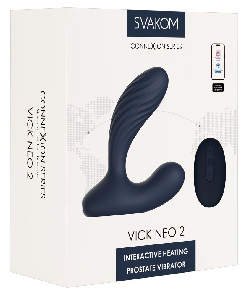 Verpackung des SVAKOM Vick Neo 2 Analvibrators, dunkelblau, mit Produktabbildung.