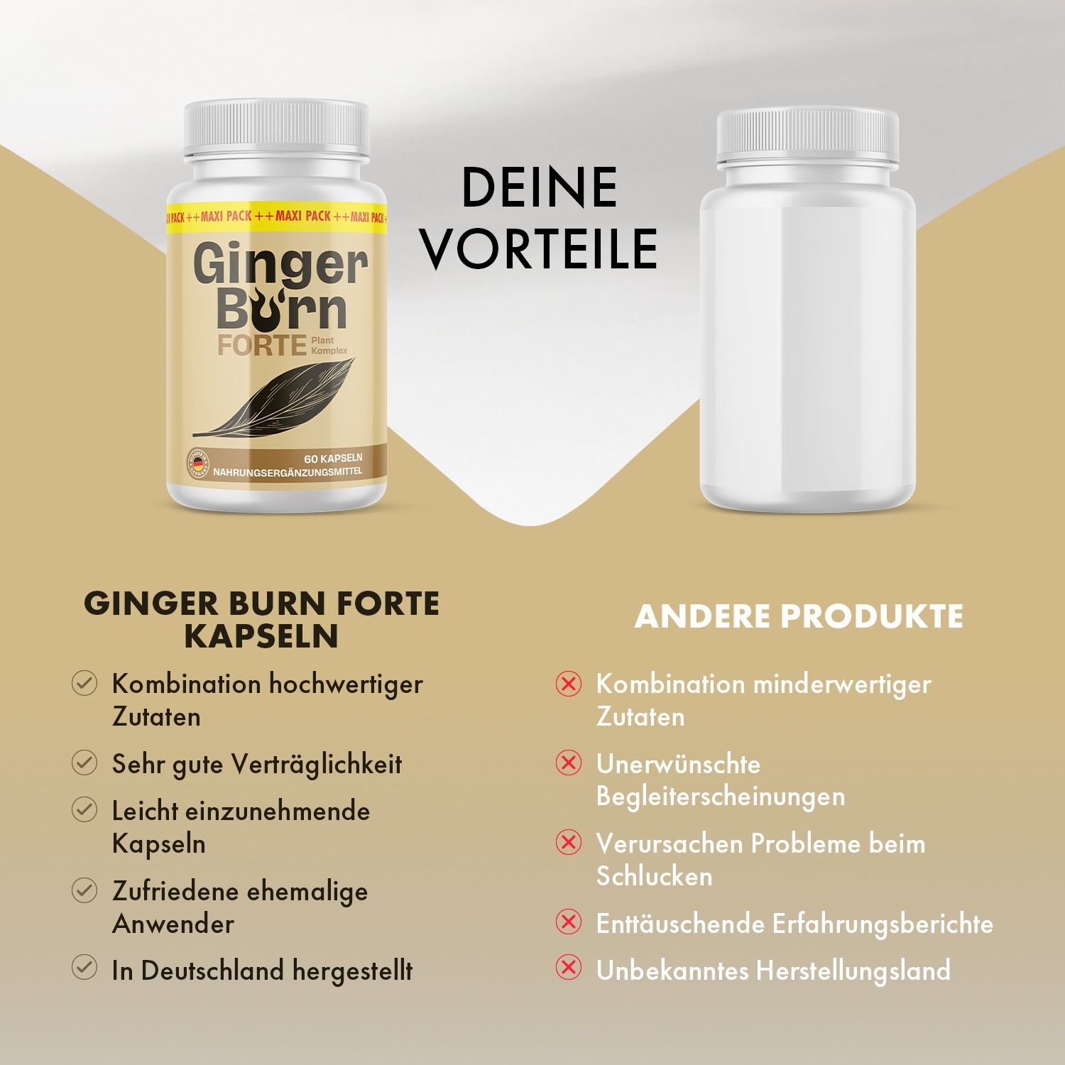 Vergleich "Ginger Burn Forte" mit anderen Produkten. Vorteile und Nachteile werden gegenübergestellt.