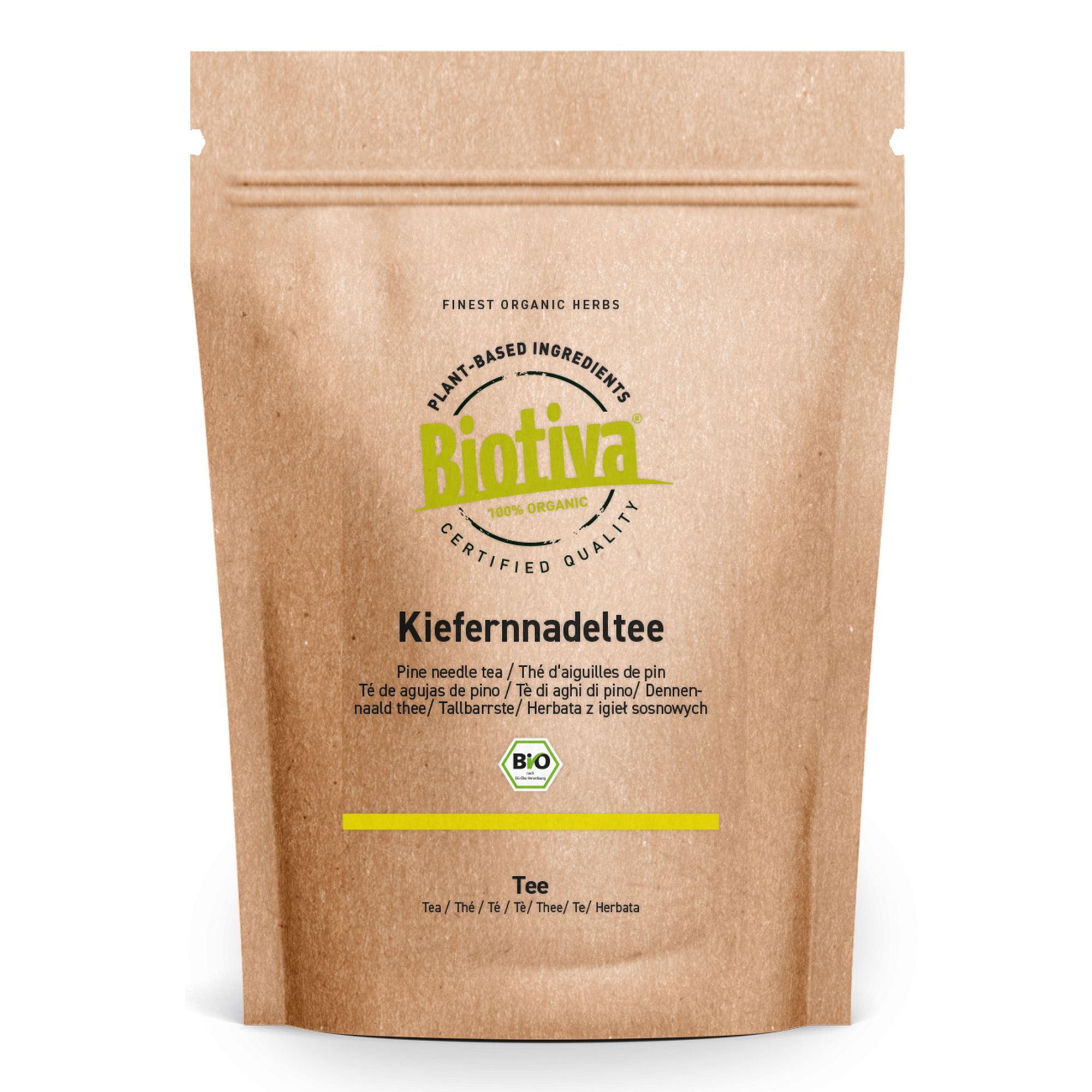 Beutel mit Kiefernnadeltee. Braune Papierverpackung mit Aufdruck. Biotiva-Logo und Bio-Siegel.