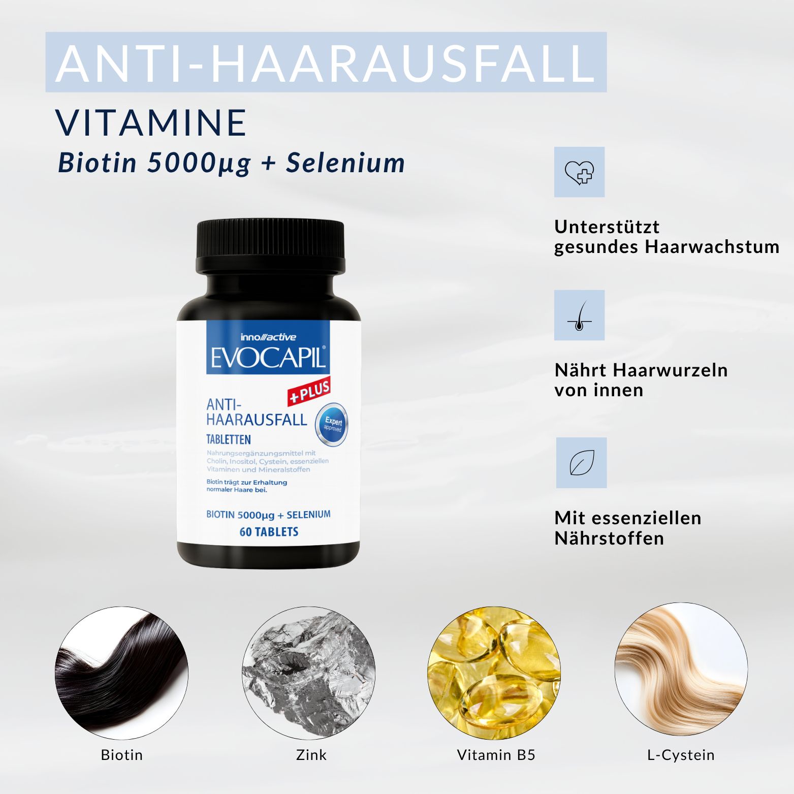 Evocapil Anti-Haarausfall Vitamine: Biotin, Zink, Vitamin B5, L-Cystein.