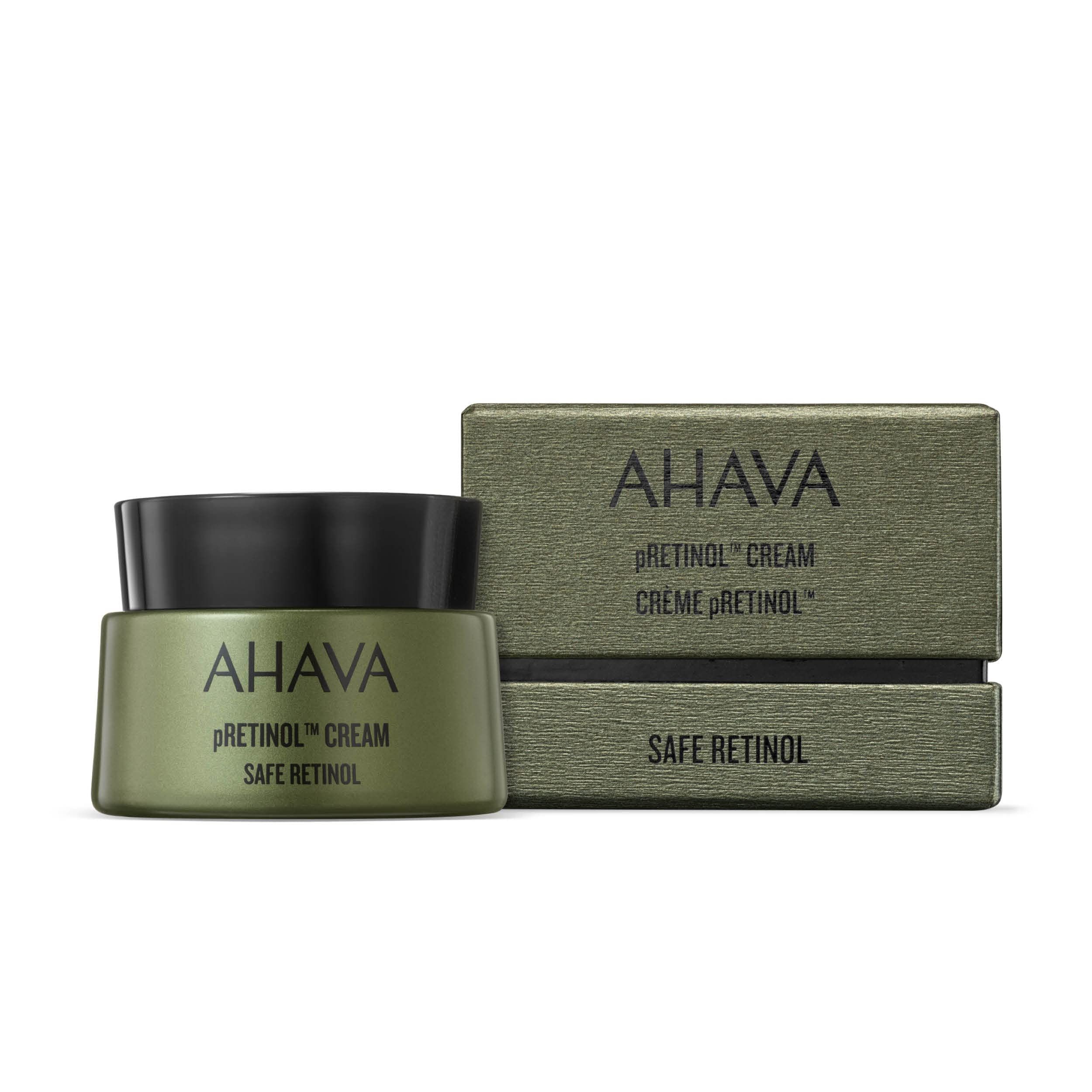 Grüne Creme-Dose mit schwarzem Deckel und Karton. Aufschrift: AHAVA pRETINOL CREAM SAFE RETINOL.