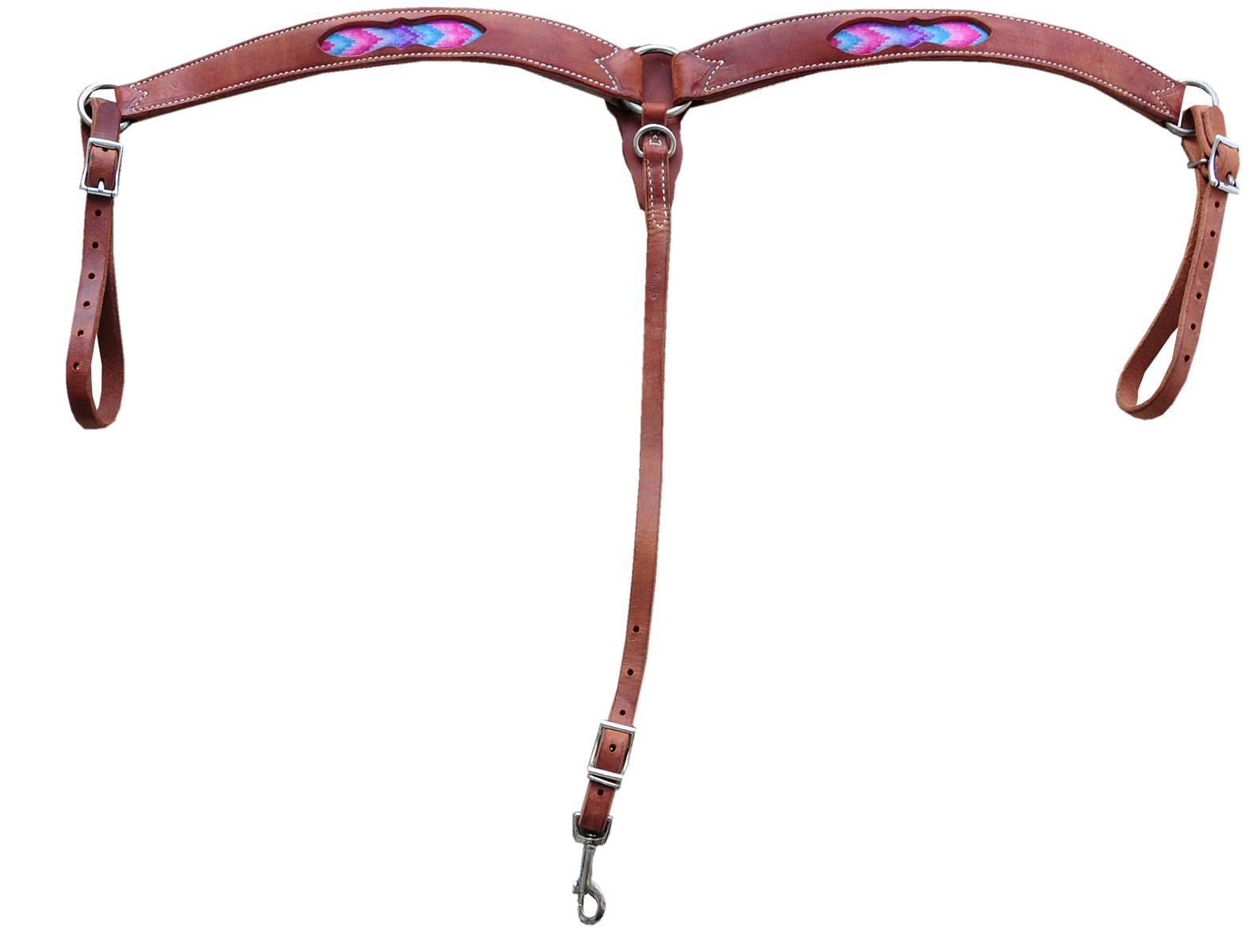 Braunes Leder-Vorderzeug mit bunten, gewebten Einsätzen. Metallbeschläge und verstellbare Riemen. Für Pferde.