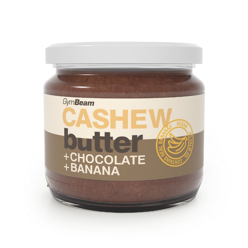 GymBeam Cashewbutter mit Schokolade und Banane, cremiger Aufstrich im Glas.